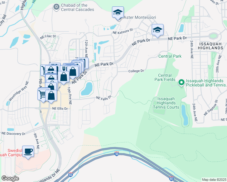 map of restaurants, bars, coffee shops, grocery stores, and more near 1625 Northeast Falls Drive in Issaquah