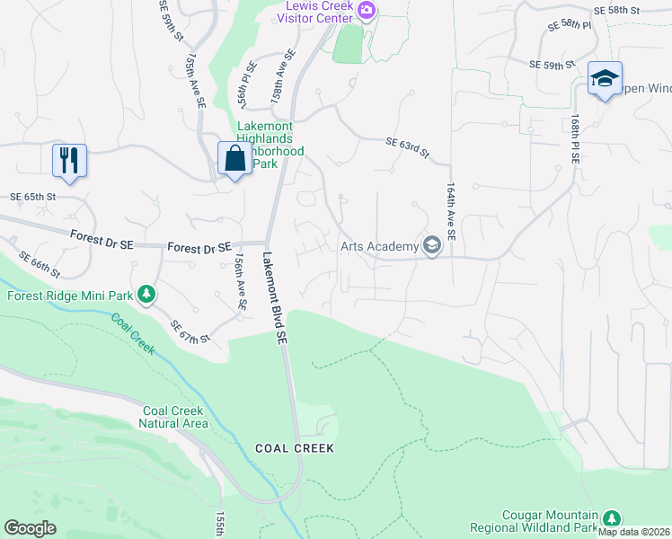 map of restaurants, bars, coffee shops, grocery stores, and more near 6731 Southeast Cougar Mountain Way in Bellevue