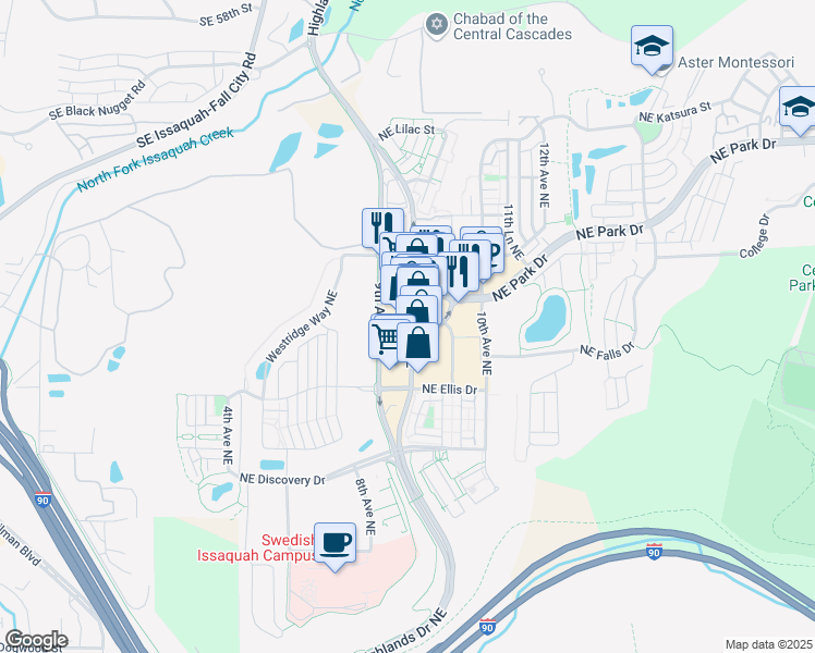 map of restaurants, bars, coffee shops, grocery stores, and more near 1527 Highlands Drive Northeast in Issaquah