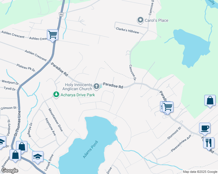 map of restaurants, bars, coffee shops, grocery stores, and more near 281 Paradise Road in Paradise