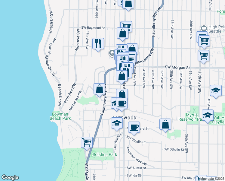 map of restaurants, bars, coffee shops, grocery stores, and more near 6724 Fauntleroy Way Southwest in Seattle