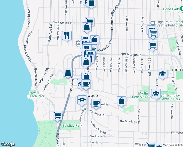 map of restaurants, bars, coffee shops, grocery stores, and more near 6716 California Avenue Southwest in Seattle