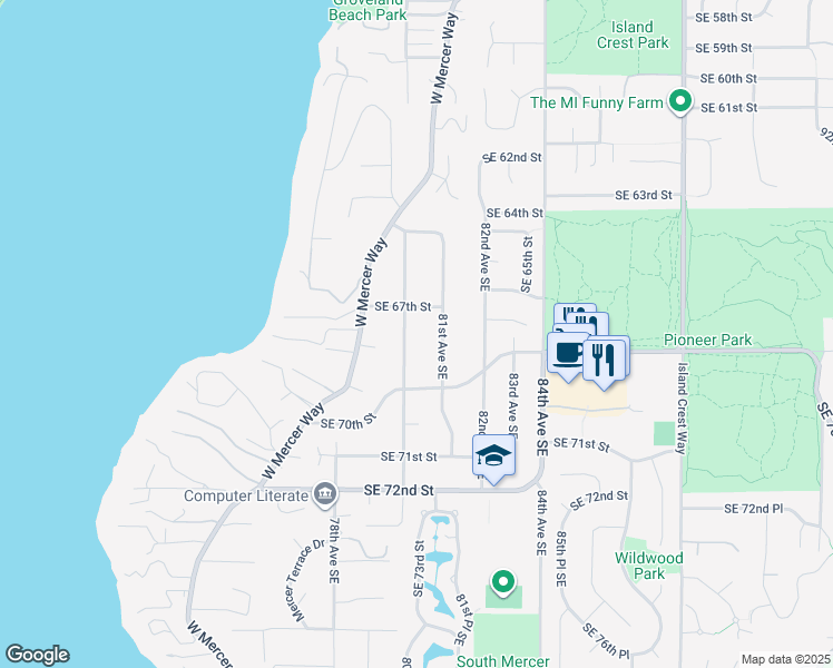 map of restaurants, bars, coffee shops, grocery stores, and more near 6720 80th Avenue Southeast in Mercer Island