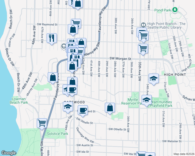 map of restaurants, bars, coffee shops, grocery stores, and more near 6715 40th Avenue Southwest in Seattle