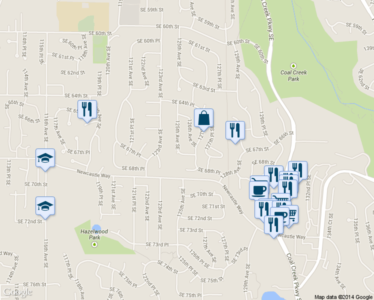 map of restaurants, bars, coffee shops, grocery stores, and more near 12518 Southeast 67th Street in Bellevue