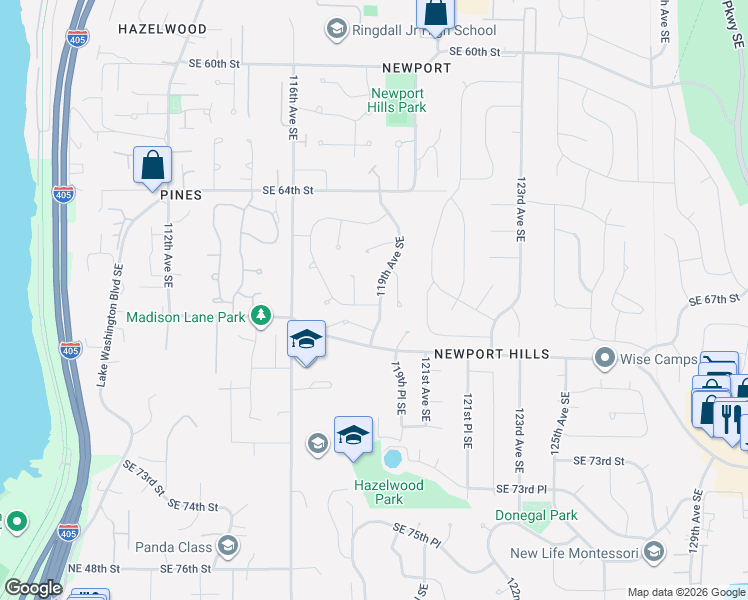 map of restaurants, bars, coffee shops, grocery stores, and more near 6644 118th Avenue Southeast in Bellevue