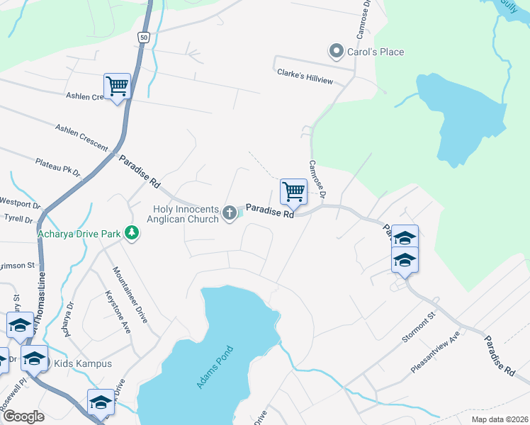 map of restaurants, bars, coffee shops, grocery stores, and more near 275 Paradise Road in Paradise