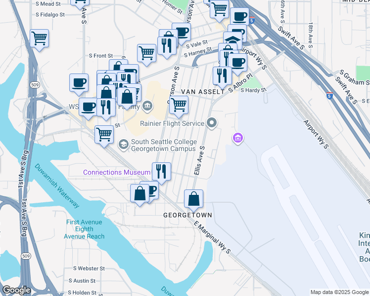 map of restaurants, bars, coffee shops, grocery stores, and more near 6652 Flora Avenue South in Seattle