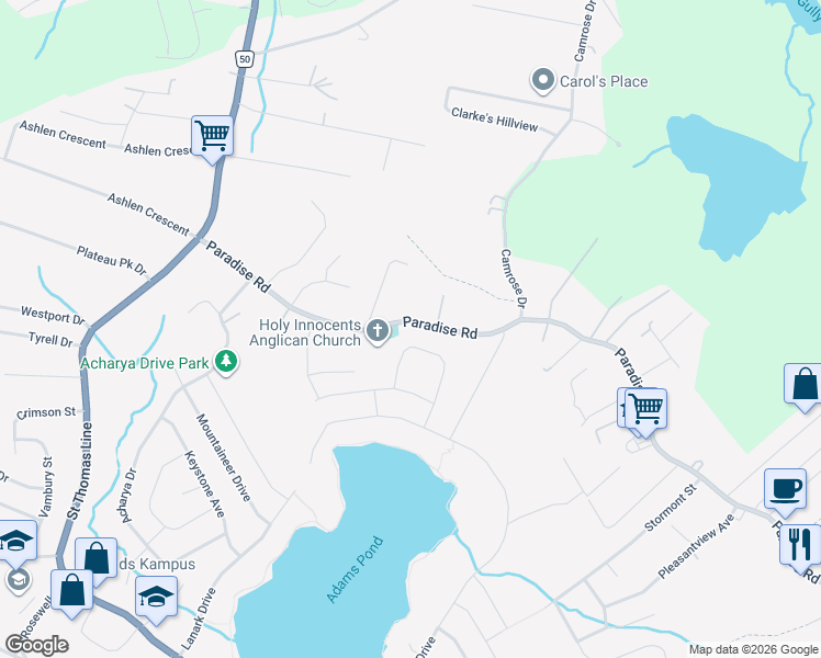 map of restaurants, bars, coffee shops, grocery stores, and more near 288 Paradise Road in Paradise