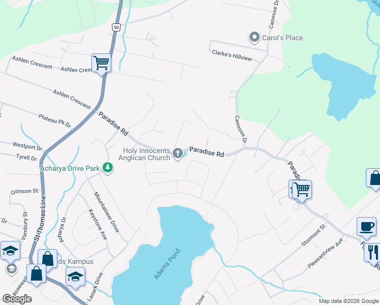 map of restaurants, bars, coffee shops, grocery stores, and more near 288 Paradise Road in Paradise