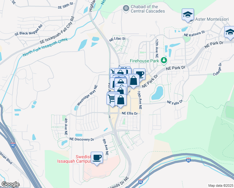 map of restaurants, bars, coffee shops, grocery stores, and more near 1527 Highlands Drive Northeast in Issaquah