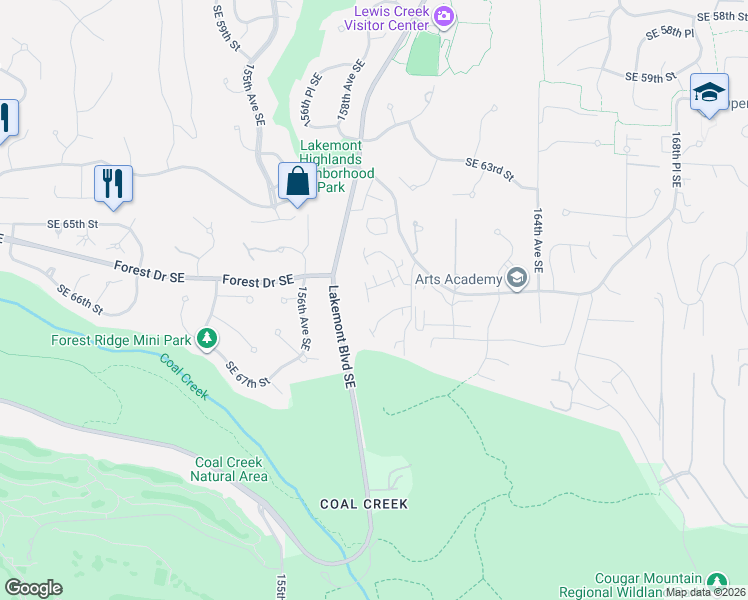 map of restaurants, bars, coffee shops, grocery stores, and more near 6679 Southeast Cougar Mountain Way in Bellevue