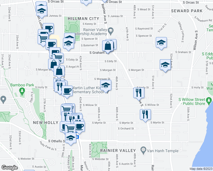 map of restaurants, bars, coffee shops, grocery stores, and more near 4424 South Holly Street in Seattle