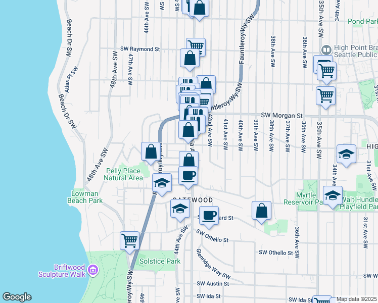 map of restaurants, bars, coffee shops, grocery stores, and more near 6715 California Avenue Southwest in Seattle
