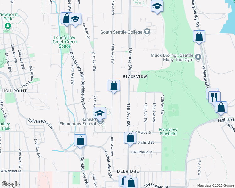 map of restaurants, bars, coffee shops, grocery stores, and more near 1707 Southwest Holly Street in Seattle