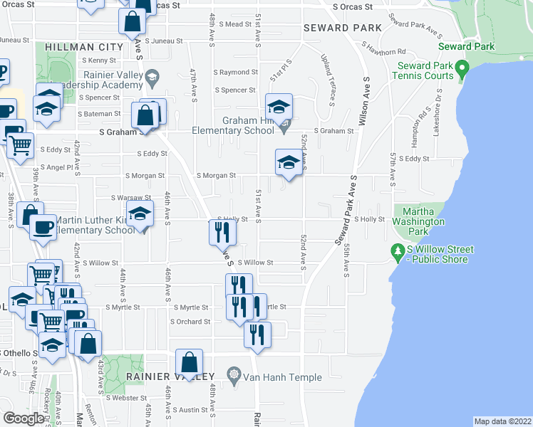 map of restaurants, bars, coffee shops, grocery stores, and more near 5110 South Holly Street in Seattle