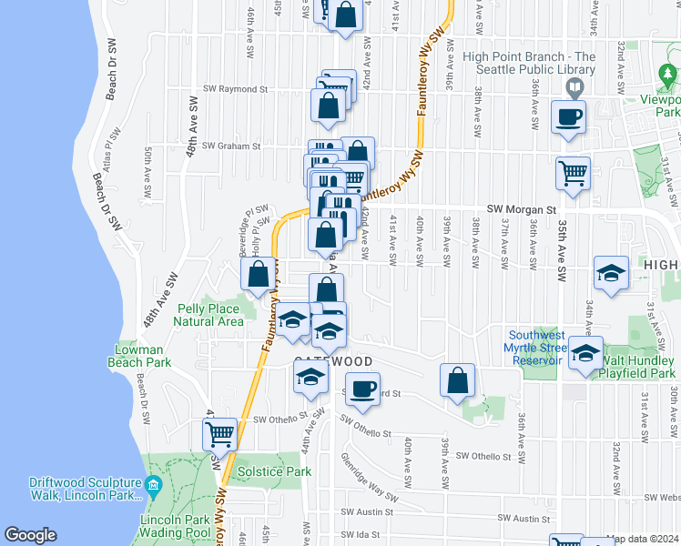 map of restaurants, bars, coffee shops, grocery stores, and more near 6708 California Avenue Southwest in Seattle