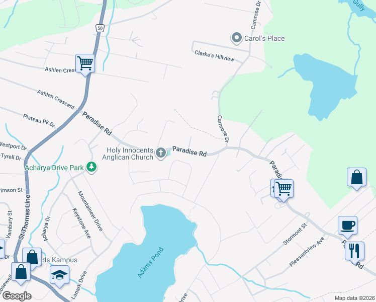 map of restaurants, bars, coffee shops, grocery stores, and more near 281 Paradise Road in Paradise