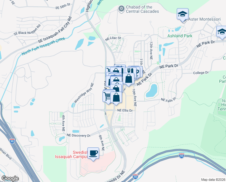 map of restaurants, bars, coffee shops, grocery stores, and more near 1451 Highlands Drive Northeast in Issaquah