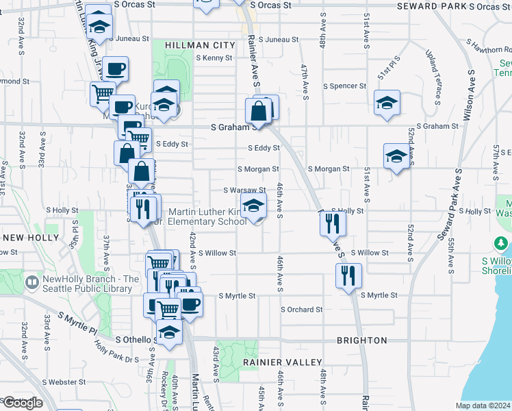map of restaurants, bars, coffee shops, grocery stores, and more near 4424 South Holly Street in Seattle