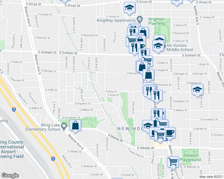 map of restaurants, bars, coffee shops, grocery stores, and more near 3328 South Holly Place in Seattle