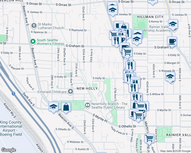 map of restaurants, bars, coffee shops, grocery stores, and more near 3328 South Holly Place in Seattle