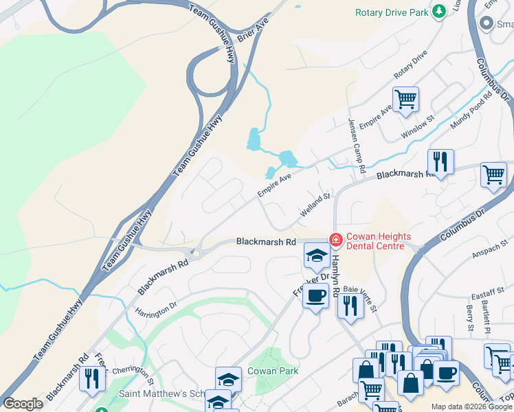 map of restaurants, bars, coffee shops, grocery stores, and more near 747 Empire Avenue in St. John's