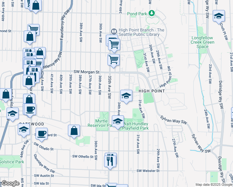 map of restaurants, bars, coffee shops, grocery stores, and more near 6710 35th Avenue Southwest in Seattle