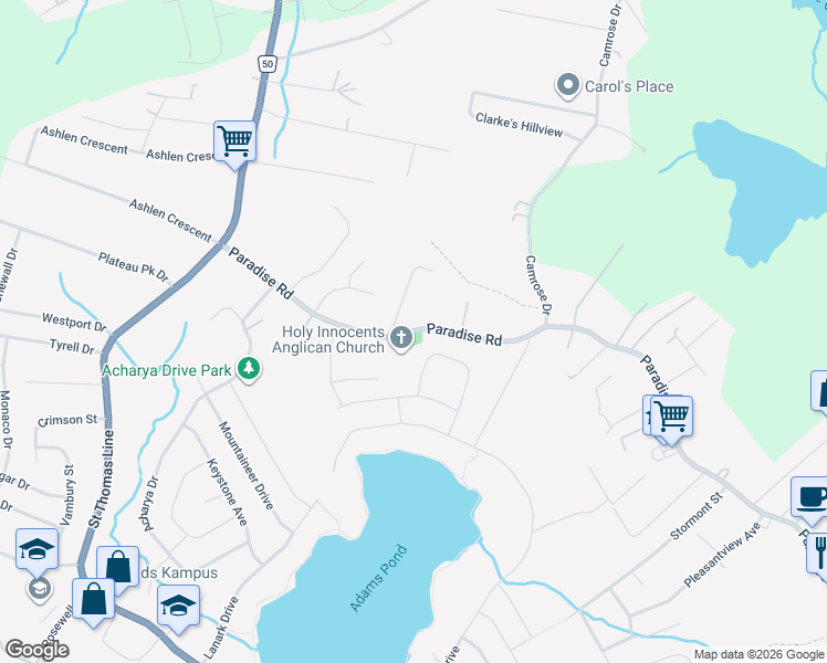 map of restaurants, bars, coffee shops, grocery stores, and more near 305 Paradise Road in Paradise