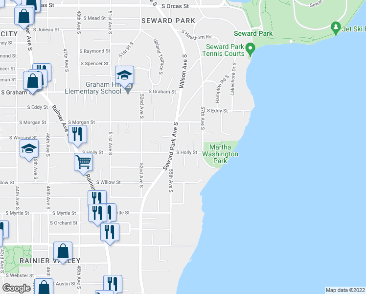 map of restaurants, bars, coffee shops, grocery stores, and more near 5526 South Holly Street in Seattle