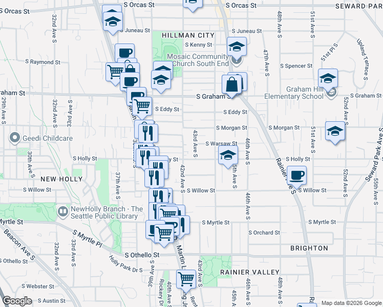 map of restaurants, bars, coffee shops, grocery stores, and more near 4214 South Holly Street in Seattle