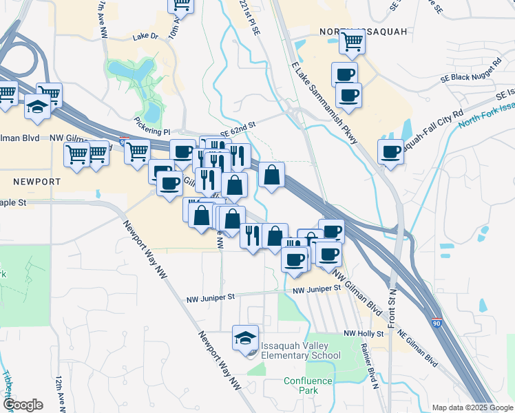 map of restaurants, bars, coffee shops, grocery stores, and more near 600 Northwest Gilman Boulevard in Issaquah