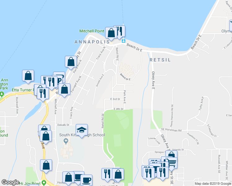 map of restaurants, bars, coffee shops, grocery stores, and more near 2500 East 2nd Street in Port Orchard