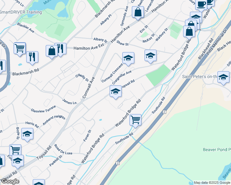 map of restaurants, bars, coffee shops, grocery stores, and more near 153 Topsail Road in St. John's