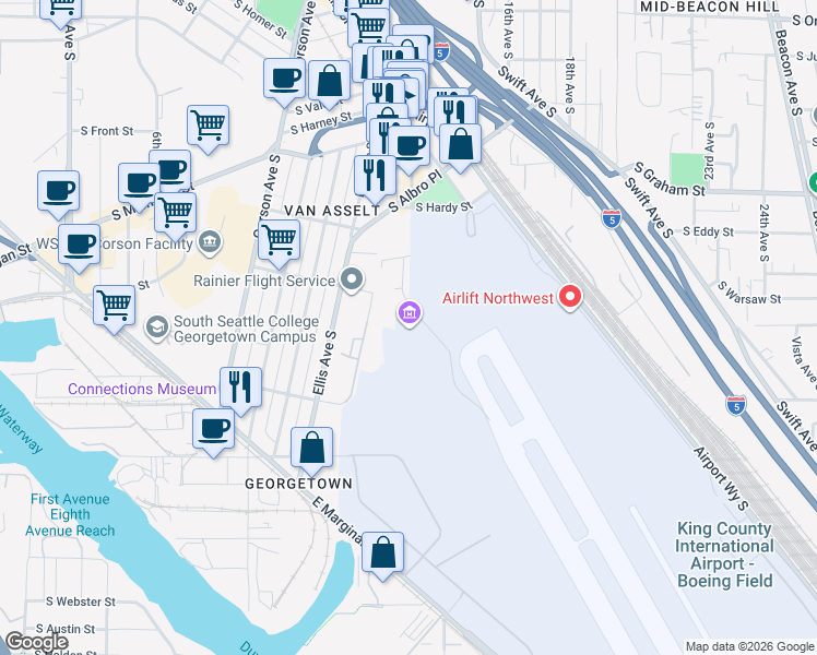 map of restaurants, bars, coffee shops, grocery stores, and more near 6605 13th Avenue South in Seattle
