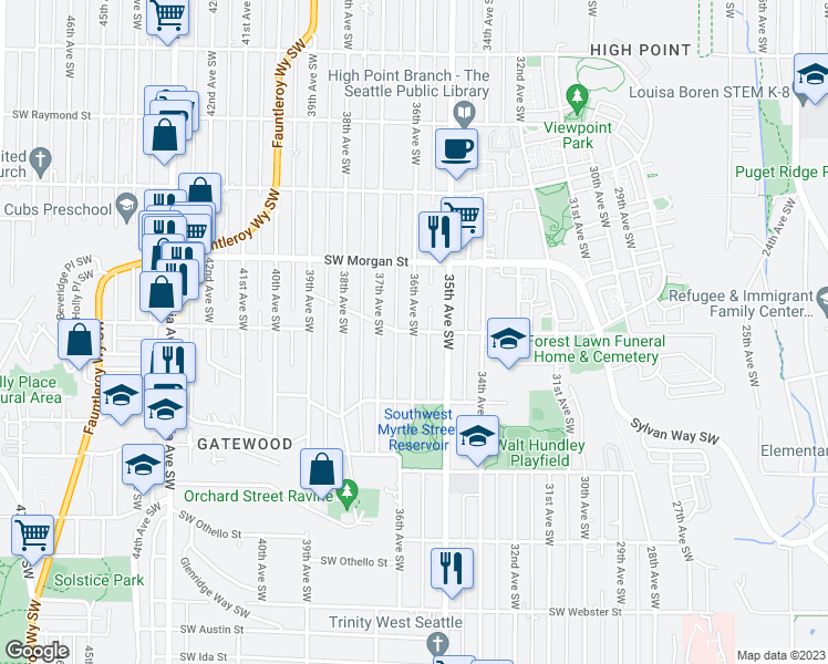 map of restaurants, bars, coffee shops, grocery stores, and more near 36th Avenue Southwest & Southwest Holly Street in Seattle