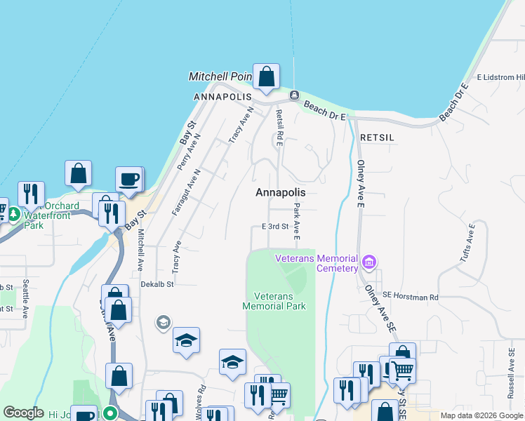 map of restaurants, bars, coffee shops, grocery stores, and more near 2493 East 3rd Street in Port Orchard