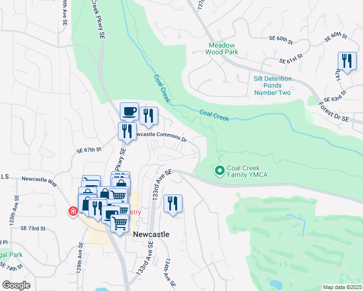 map of restaurants, bars, coffee shops, grocery stores, and more near 13591 Southeast 67th Place in Newcastle