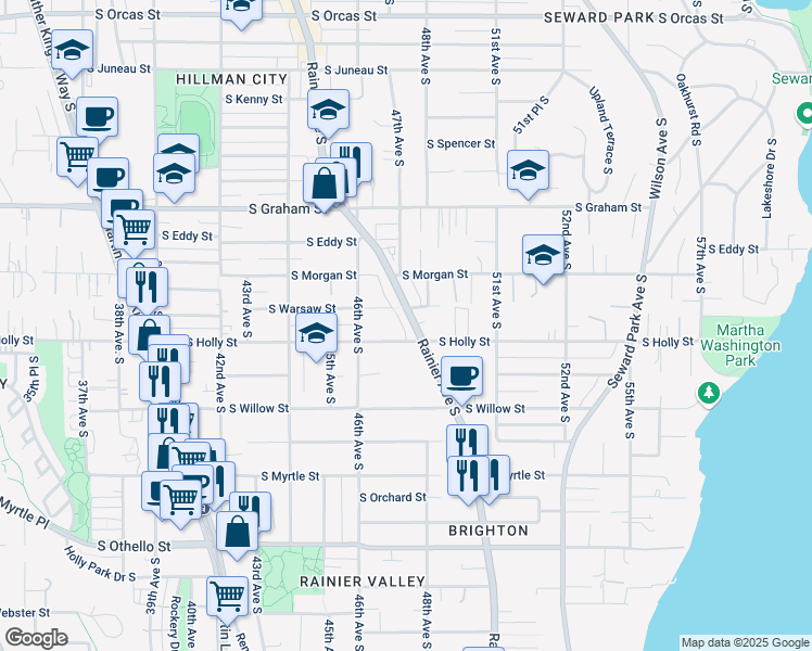 map of restaurants, bars, coffee shops, grocery stores, and more near 4631 South Holly Street in Seattle