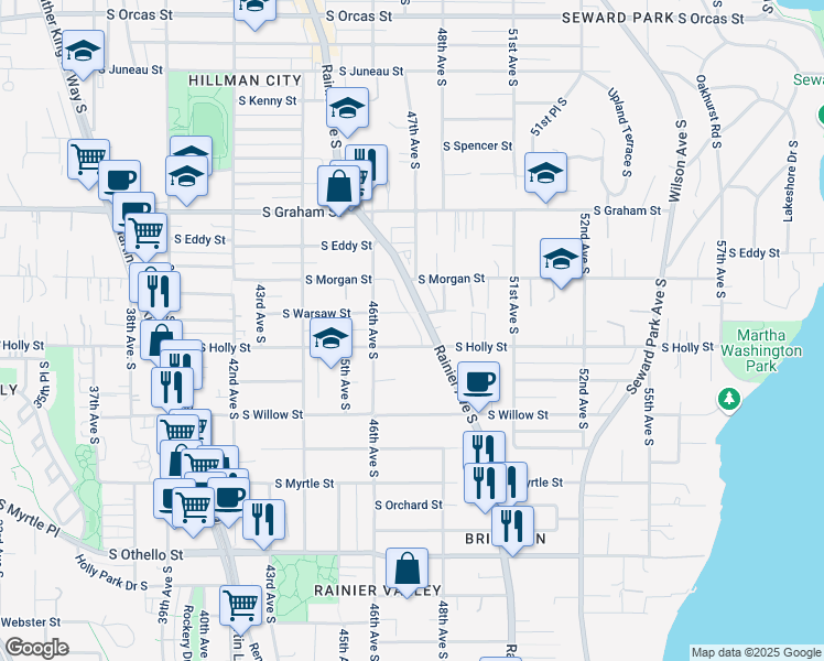 map of restaurants, bars, coffee shops, grocery stores, and more near 4631 South Holly Street in Seattle