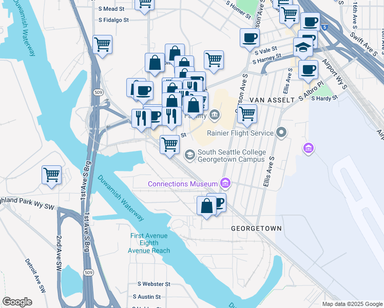 map of restaurants, bars, coffee shops, grocery stores, and more near 6737 Corson Avenue South in Seattle