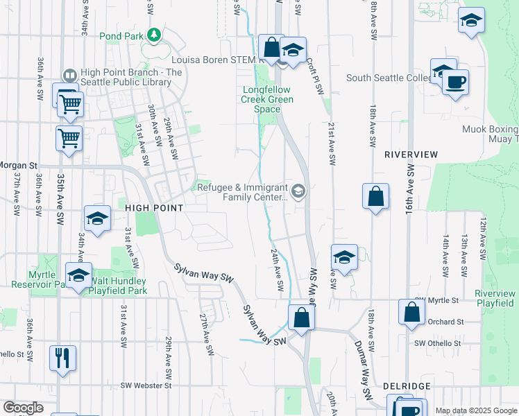 map of restaurants, bars, coffee shops, grocery stores, and more near 6563 24th Avenue Southwest in Seattle