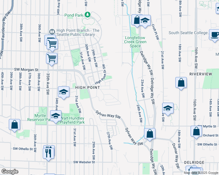 map of restaurants, bars, coffee shops, grocery stores, and more near 6612 High Point Drive Southwest in Seattle