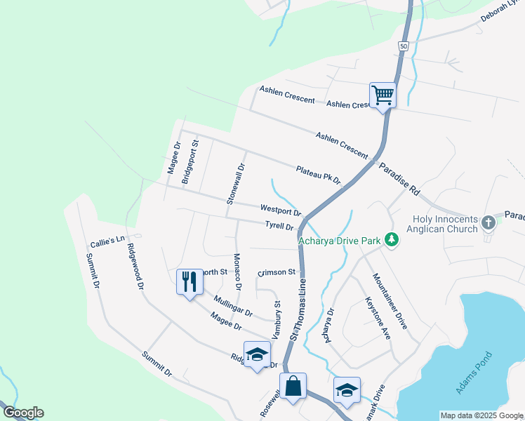 map of restaurants, bars, coffee shops, grocery stores, and more near 21 Westport Drive in Paradise
