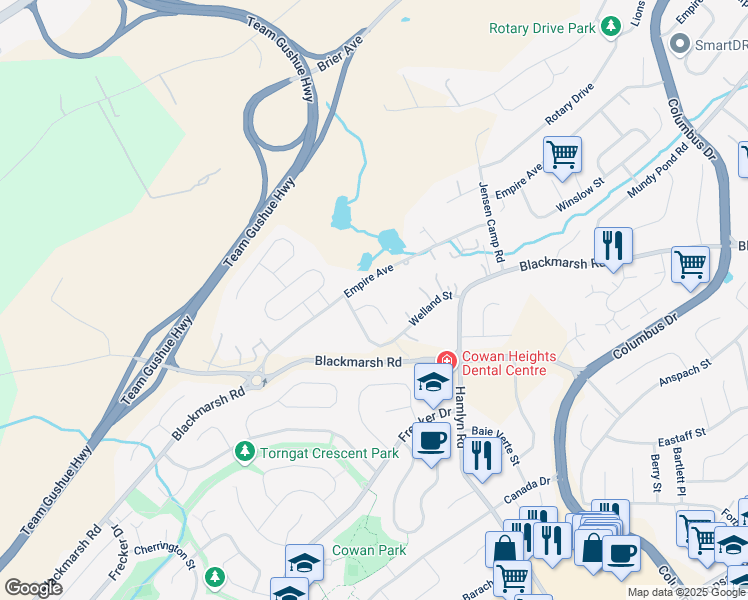 map of restaurants, bars, coffee shops, grocery stores, and more near 22 Durham Place in St. John's