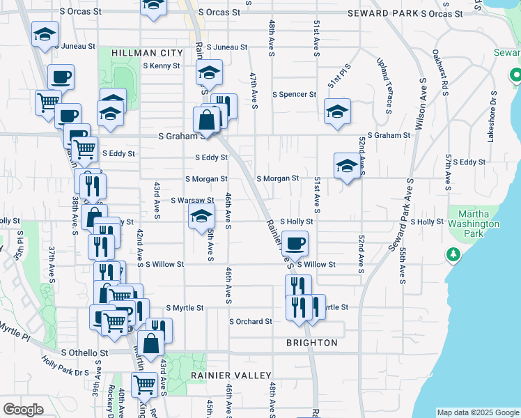map of restaurants, bars, coffee shops, grocery stores, and more near 4631 South Holly Street in Seattle