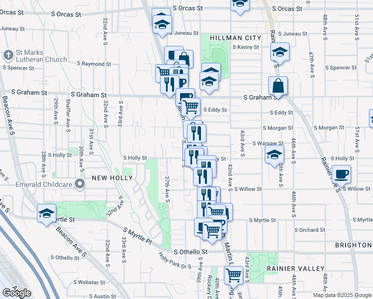 map of restaurants, bars, coffee shops, grocery stores, and more near 3803 South Holly Street in Seattle