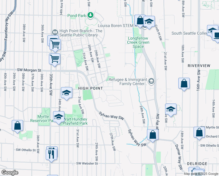 map of restaurants, bars, coffee shops, grocery stores, and more near 6717 Sylvan Way Southwest in Seattle