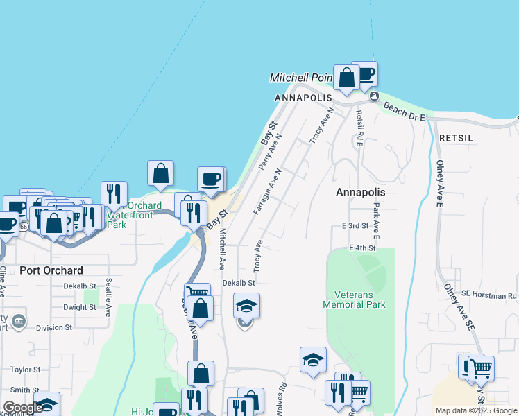 map of restaurants, bars, coffee shops, grocery stores, and more near 217 Farragut Avenue North in Port Orchard