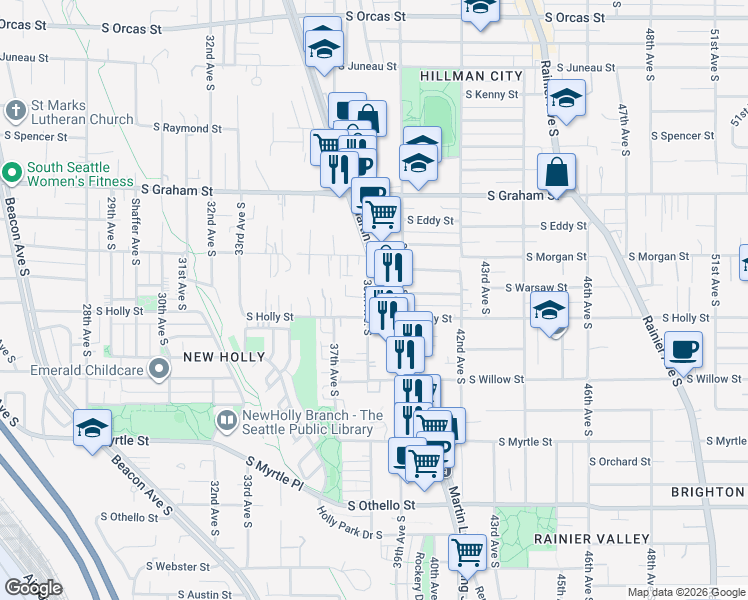 map of restaurants, bars, coffee shops, grocery stores, and more near 3803 South Warsaw Street in Seattle
